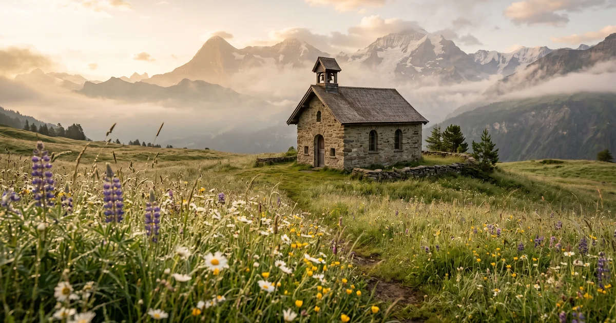 Friedhofskapelle in der Deutschschweiz mit Blumenschmuck vor einer Abdankungsfeier
