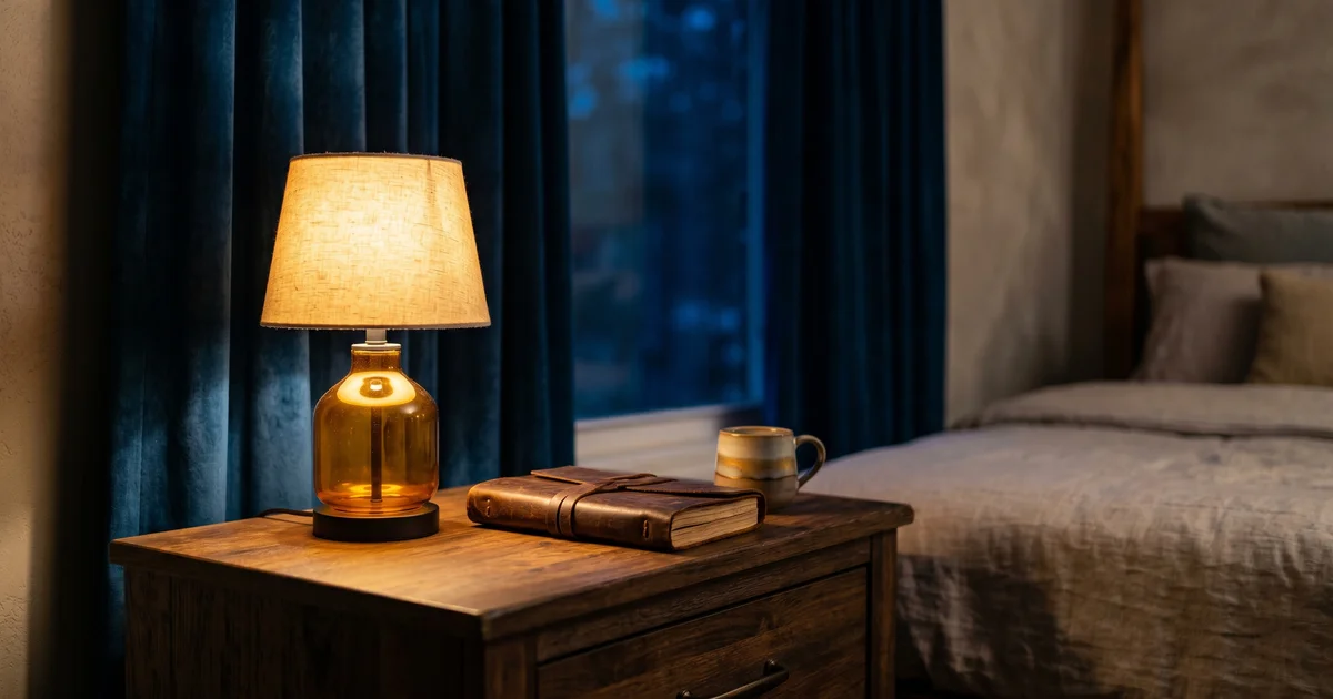 Trauerredner abends am Schreibtisch — Manuskript zugeklappt, Lampe aus, Übergang in den Feierabend