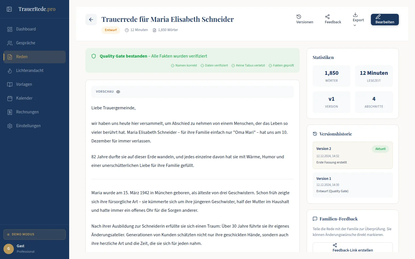 TrauerRede.pro Rede-Editor mit Quality-Gate-Banner (Namen korrekt, Daten verifiziert, Tabus geprüft), Statistiken (1850 Wörter, 12 Minuten) und Versionshistorie
