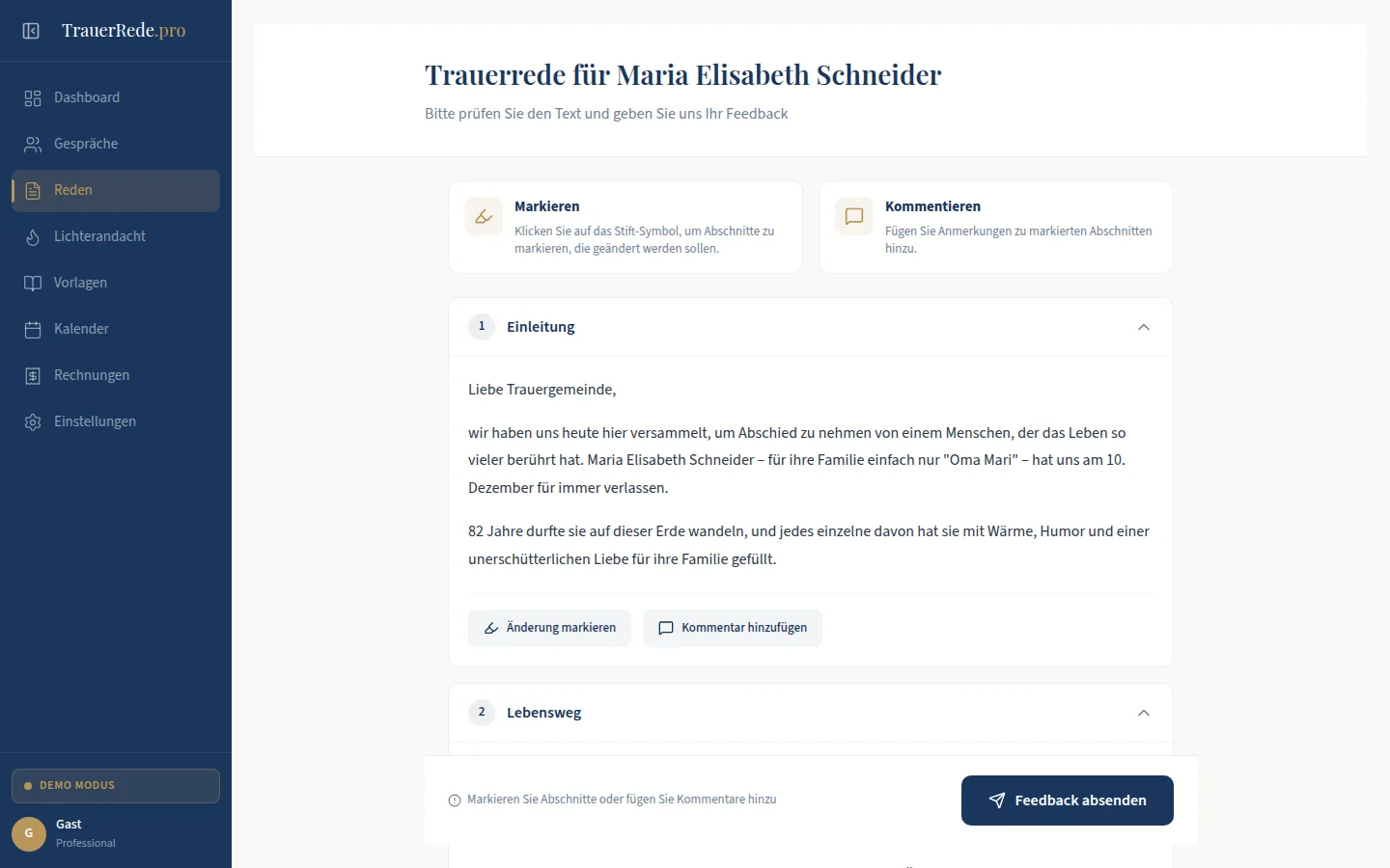 Familien-Portal mit Markieren- und Kommentieren-Karten, aufgeklapptem Einleitung-Abschnitt und Feedback-absenden-Button